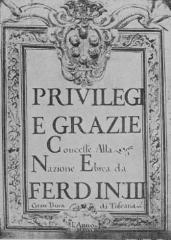 Frontespizio delle Livornine — le leggi del Granduca di Toscana che nel 1591-93 invitarono gli ebrei a Livorno.